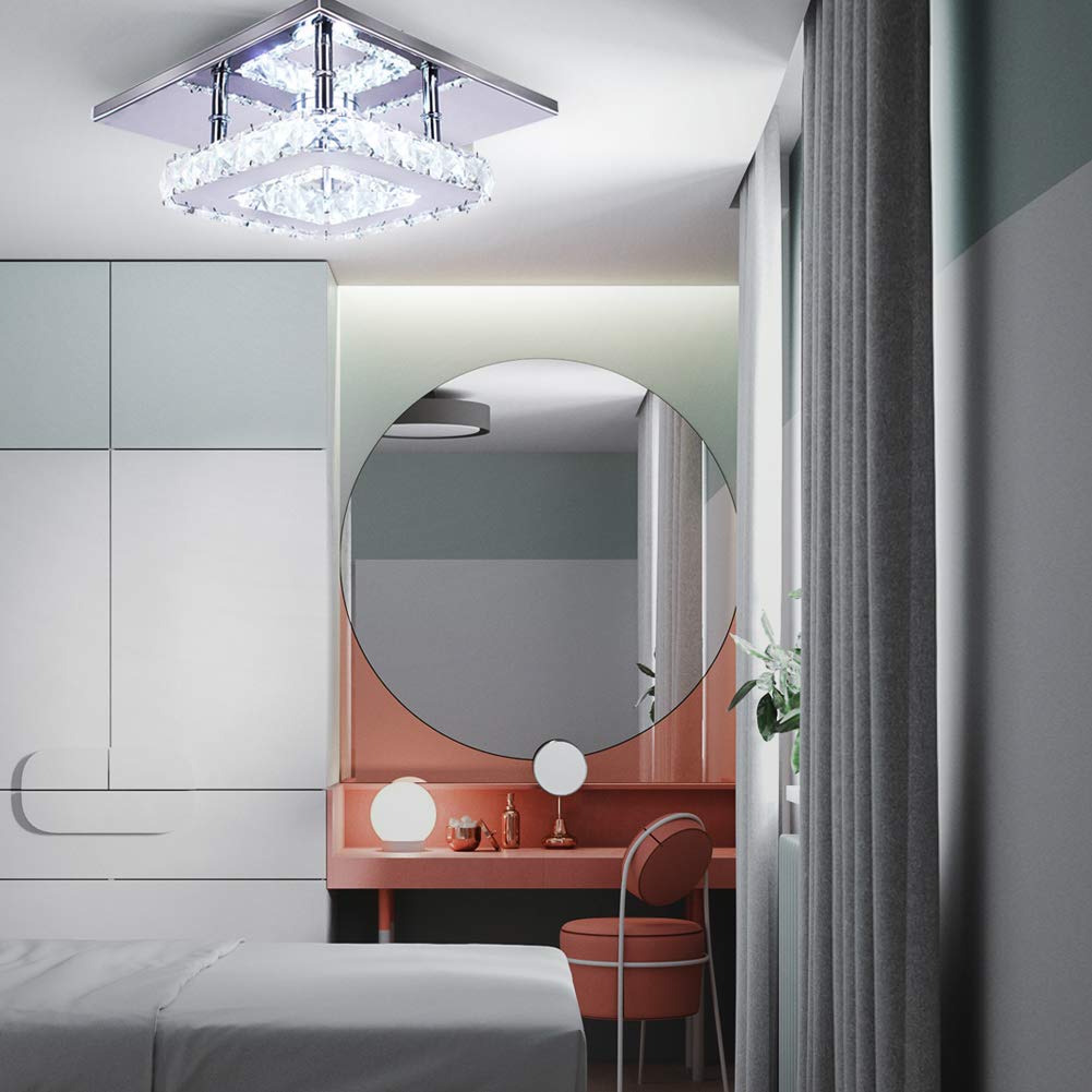 diisunbihuo Modern Crystal Chandelier 15W Cool White Mini Square Flush Mount Ceiling Light for Bedrooms and Dining Rooms