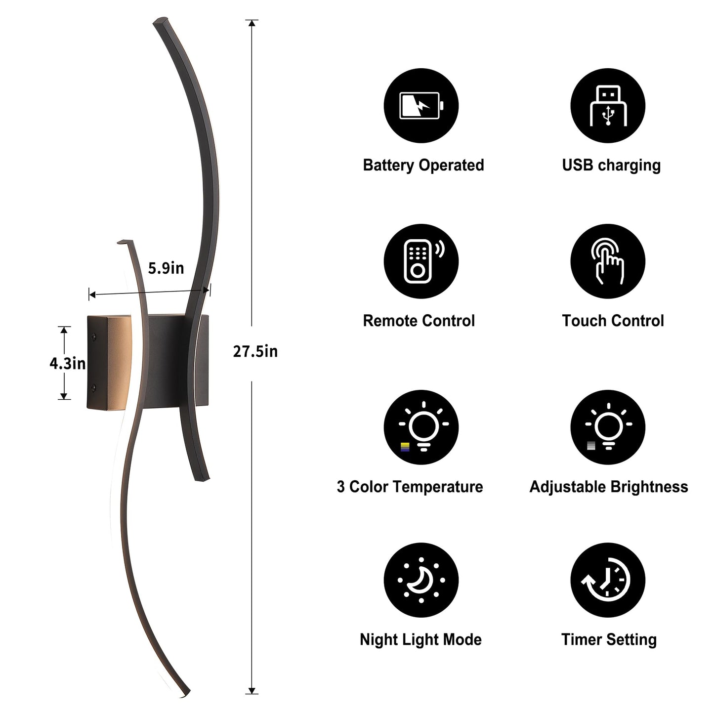 KARTOOSH Battery Operated Wall Sconce, LED Dimming & Stepless Colors, 27.5 Inch, Black, Model ZM319BBL70-1A, Wireless