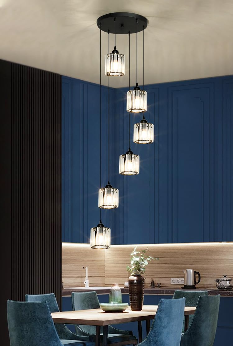 Meimond Long Chandeliers For High Ceilings Modern Crystal Pendant Light Raindrop Drop Lamp Hanging Flush Mount Lighting Fixtures For Spiral Staircase Foyer Entryway Living Room Black (6 Lights)