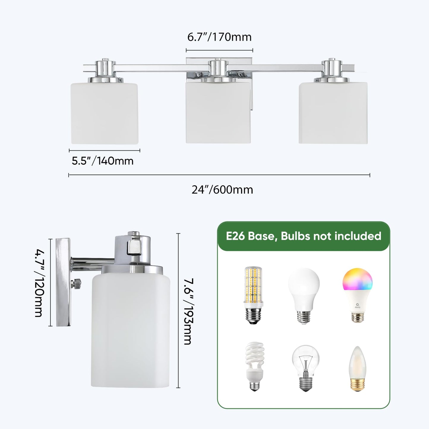 Nedyzog 24 Inch Chrome Bathroom Light Fixtures Over Mirror 3 Light Bathroom Vanity Light Silver Modern Industrial Makeup Lighting Wall Sconce Shower Farmhouse Rustic Milk Glass Lamp Above Desk Sink