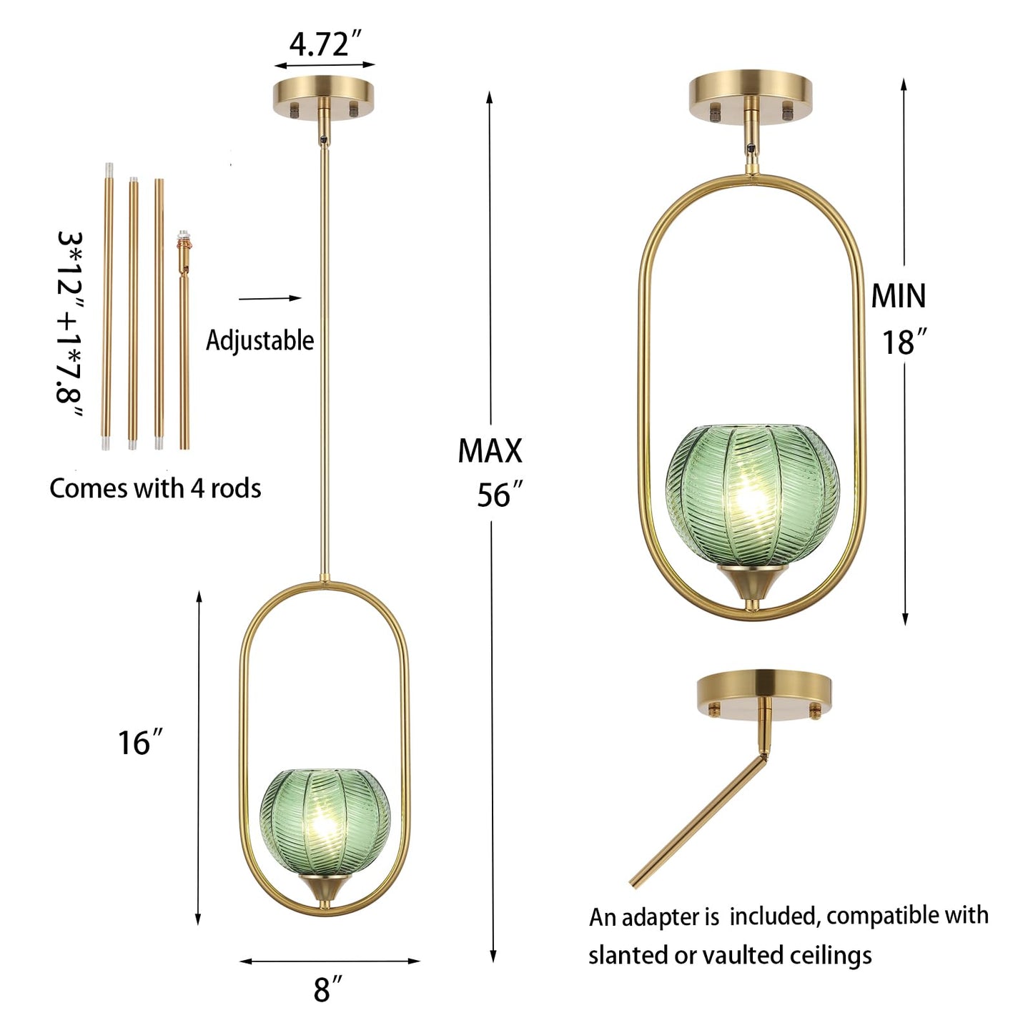 Byoliima Modern Gold Globe Pendant Light With Green Globe Glass Lampshade Mid Century Chandelier 1-Light Brushed Brass Frame Ceiling Hanging Lighting Fixture For Kitchen Island Dining Room Bedroom