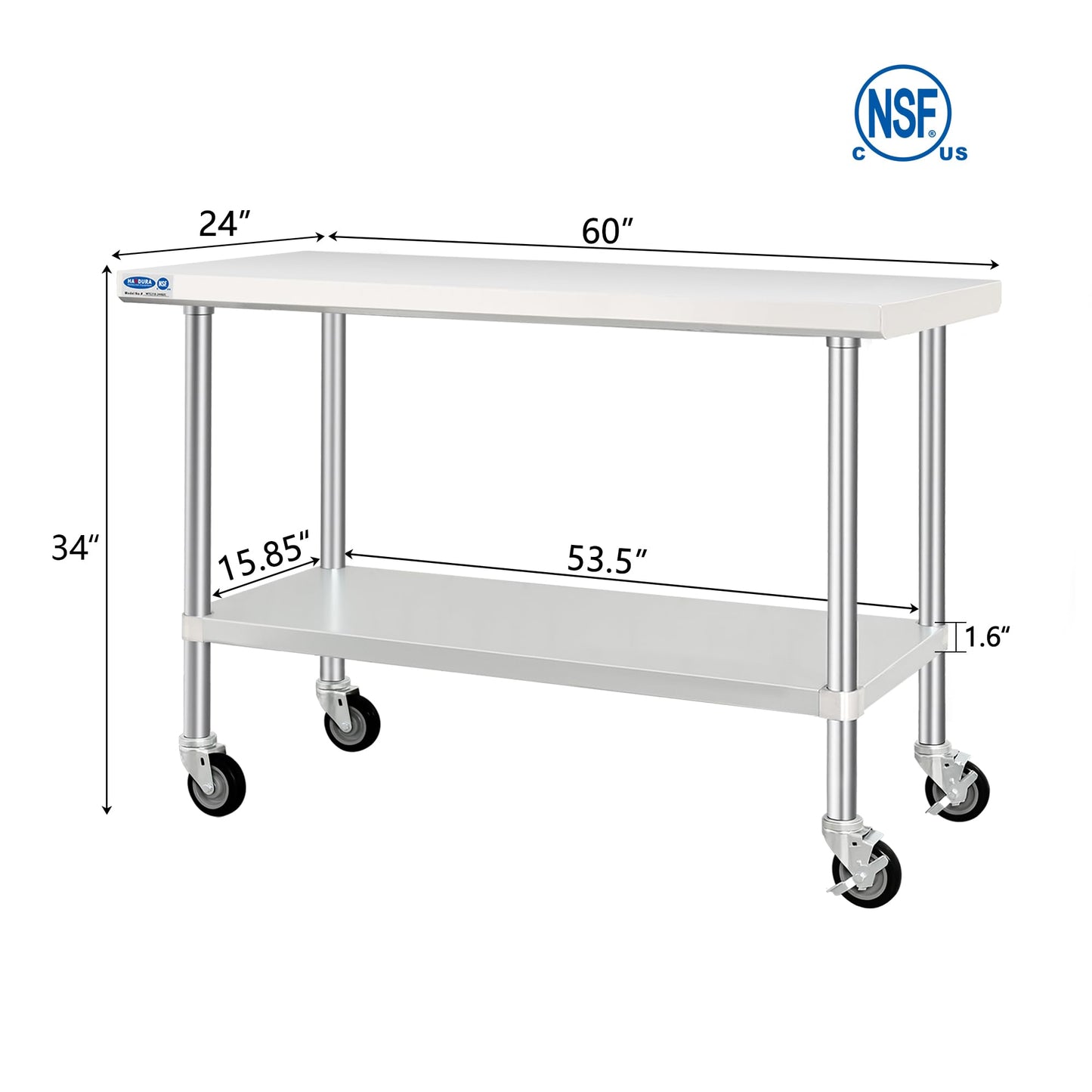 HARDURA Stainless Steel Table with Wheels 24 x 60 Inches Kitchen Prep Table Heavy Duty Stainless Steel Workbench with Aluminium Corner Undershelf NSF 304 Metel Table for Commercial Restaurant