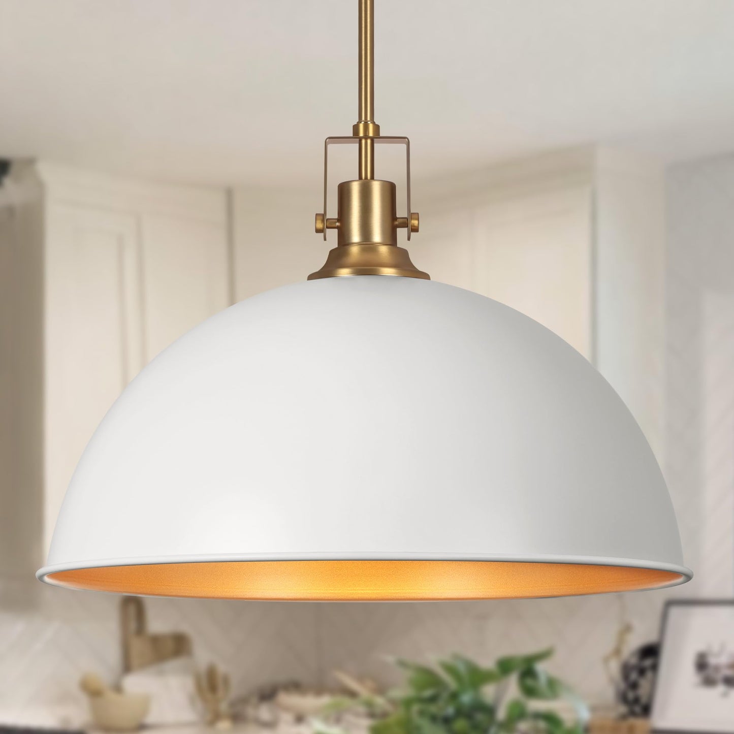 Lamqee 18 Inch White And Gold Large Pendant Light Kitchen Island  Farmhouse Modern Dome Pendant Light Fixtures Ceiling Hanging Lighting Chandelier For Dining Room Over Table  Bar  Hallway  Entryway