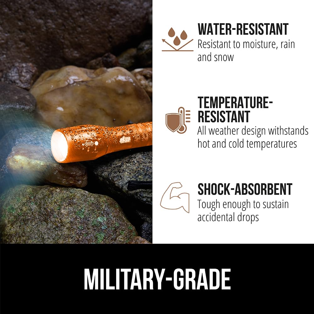 Gorilla Grip LED Tactical Flashlight - High Lumens, 5 Modes, Water Resistant, 750 FT Zoom, Orange, Model 840029684832