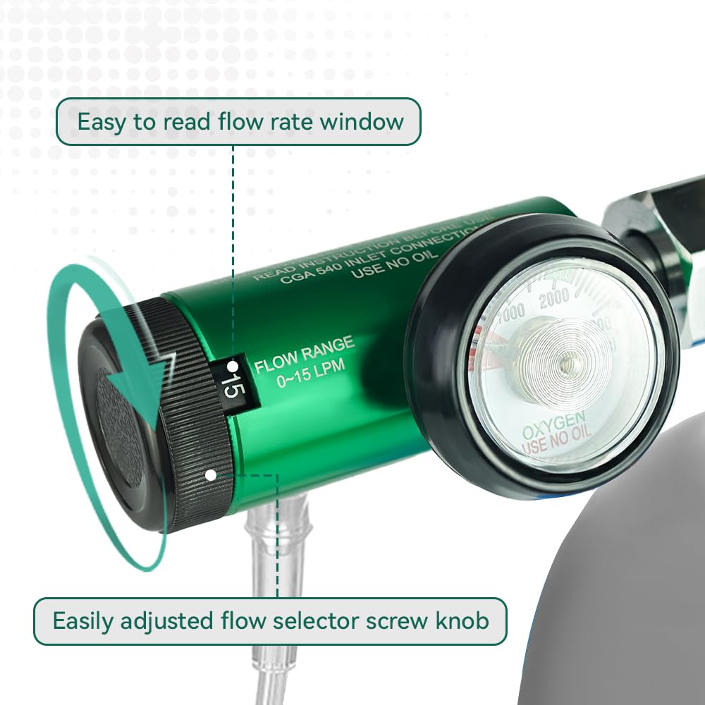 Oxygen Regulator for Oxygen Tank CGA540 Connection, Adjustable Flow 0-15 LPM, Brass Sleeve Design Portable Oxygen Tank Regulator for Home and Outdoor Use