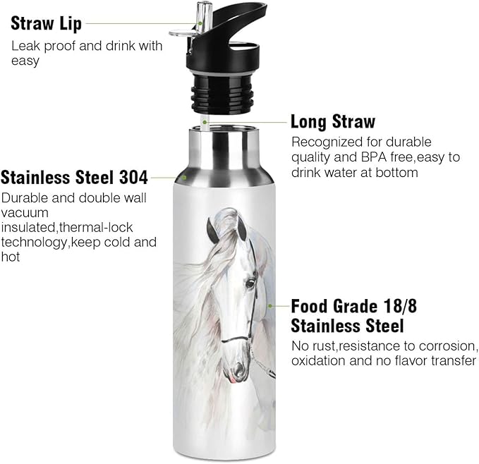 senya 20 Oz Water Bottle with Straw White Horse Stainless Steel Water Bottle for Traveling Sports Leakproof Insulated Water Bottle