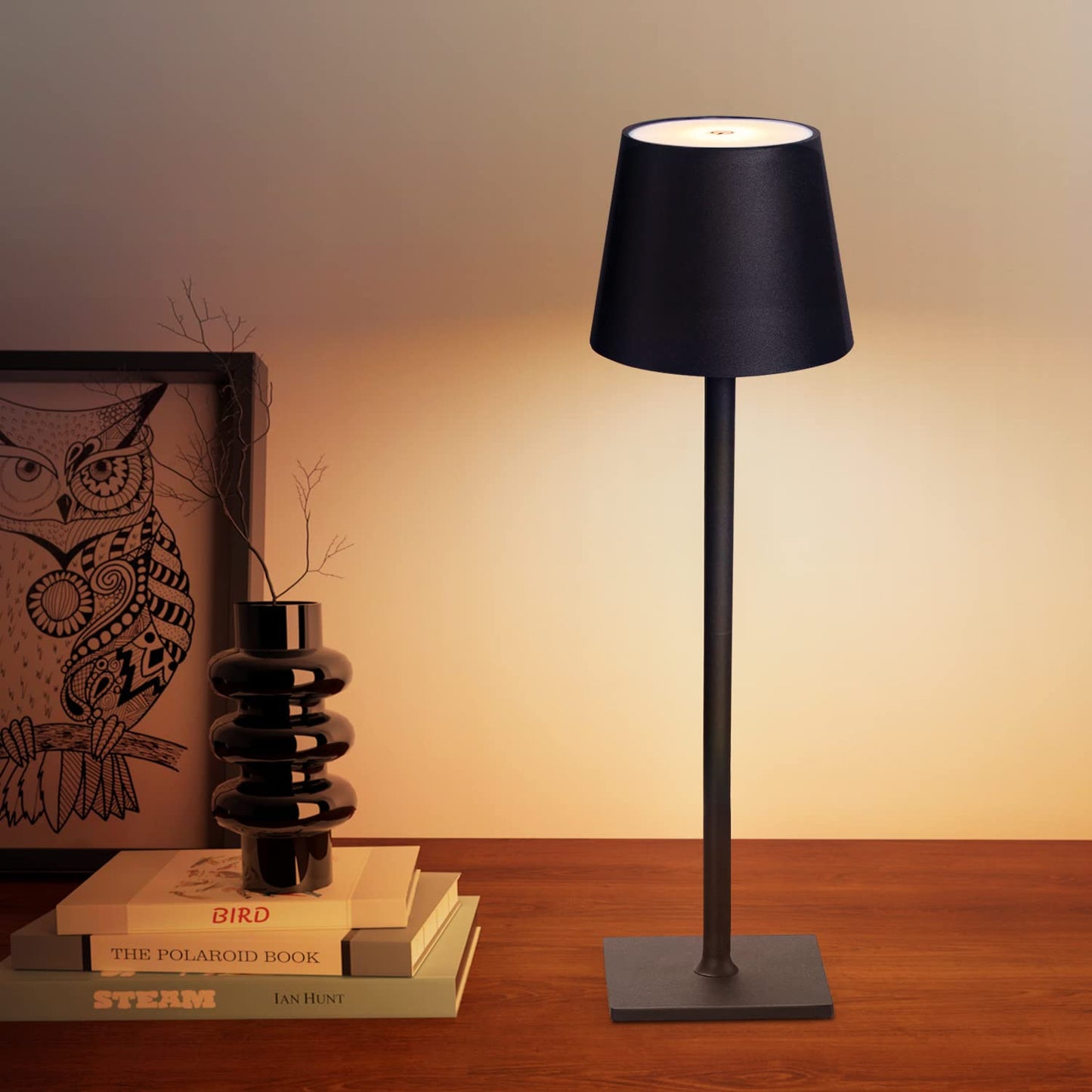 CHLORANTHUS LED Table Lamp, Cordless, Stepless Dimming, 14.96 IN x 4.13 IN, Rechargeable, Black