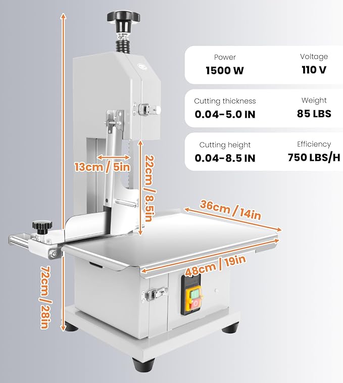 Commercial Bandsaw Machine, 1500W Electric Bone Saw Machine, 19x14" Stainless Steel Worktable, Cuts 0.04-5.0" Thickness, Frozen Meat Cutter with 8 Blades Included, for Rib Pork Beef