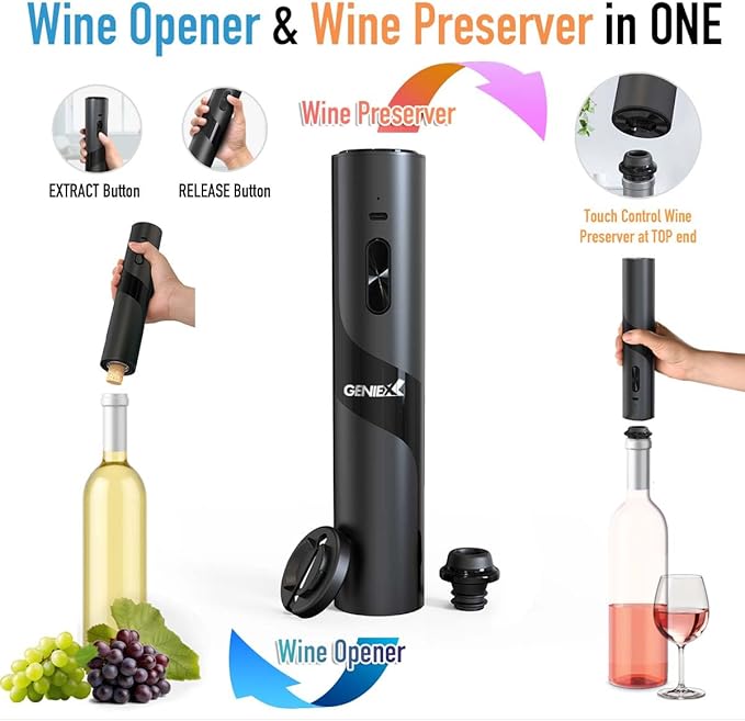 Electric Wine Opener Wine Preserver 2-in-1, Wine Opener Electric Corkscrow at BOTTOM + Vacuum Wine Preserver Pump at TOP | Automatic Wine Opener & Wine Saver COMBINED, Nice Home Gifts