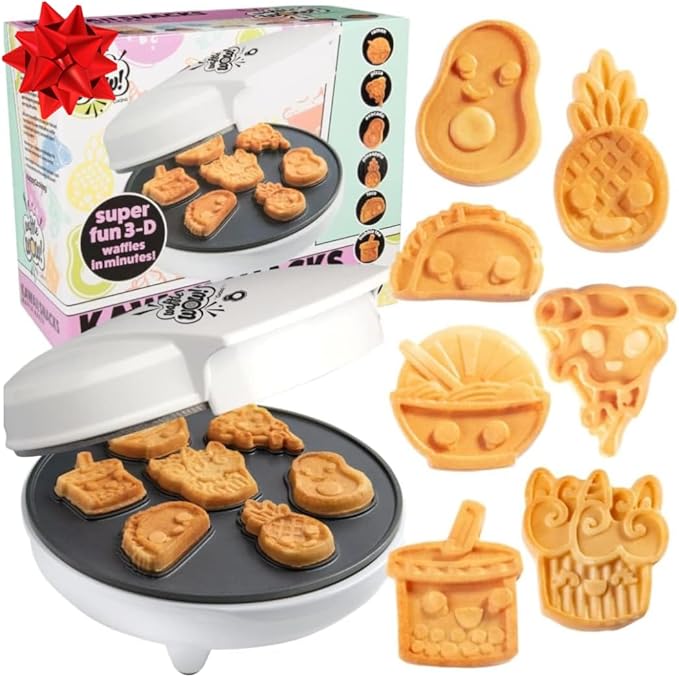 Fun Food Friends Mini Waffle Maker- 7 Different Kawaii Style Design Pan Cakes Feat. Avocado Pizza Ramen Taco & More- Cool Electric Nonstick Waffler Iron, Morning Breakfast w Recipes - Kids Xmas Gift