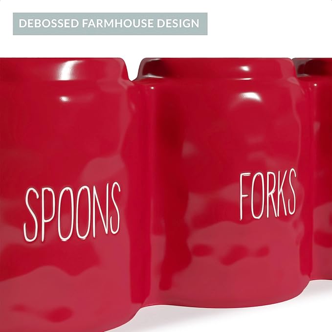 Barnyard Designs Silverware Caddy for Countertop - Cutlery Organizer for Spoon, Fork, and Knife - Ceramic Utensil Holder for Flatware or Plasticware - Perfect for Parties - 12.5” x 4.25” x 5” (Red)