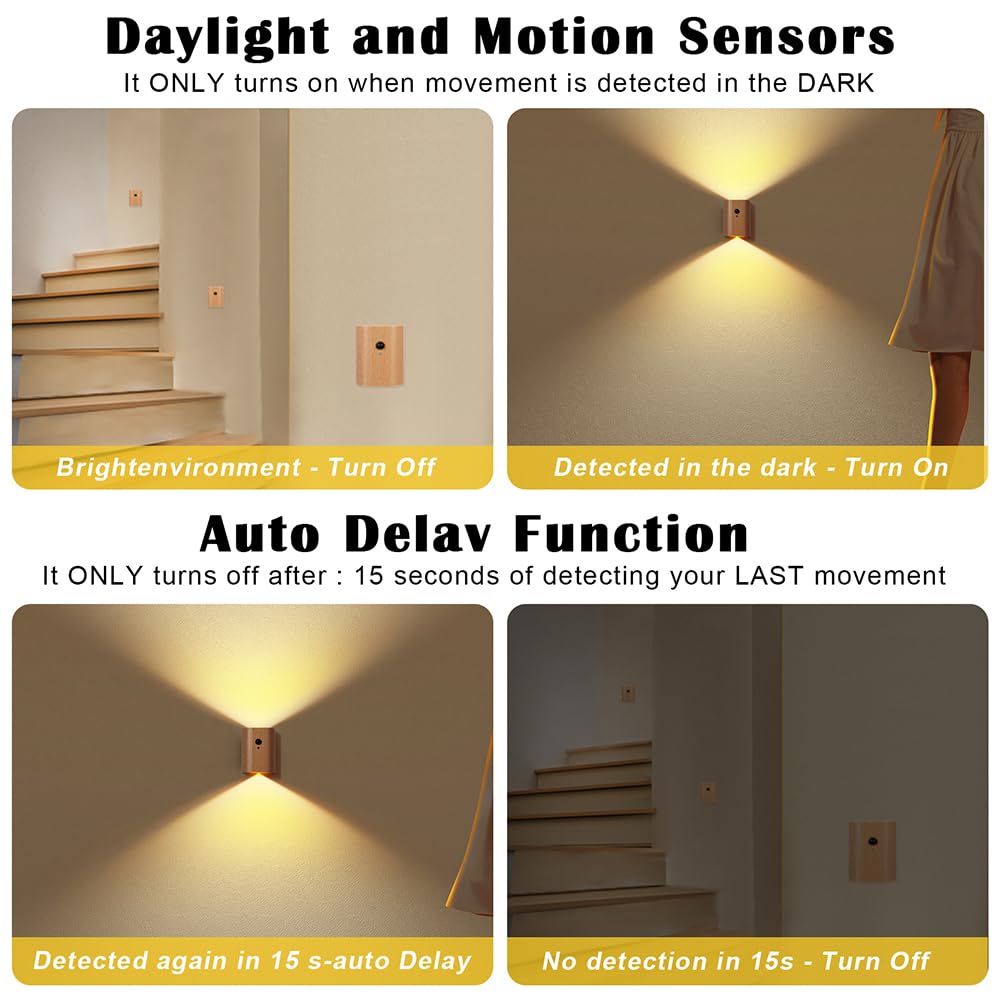 Landgoo Wooden Led Step Lights Wall Lamp  2700-3000K Motion Sensor Night Lights  Rechargeable Stair Lights For Hallway Indoor Lighting(White Ash Wood 2Pcs)