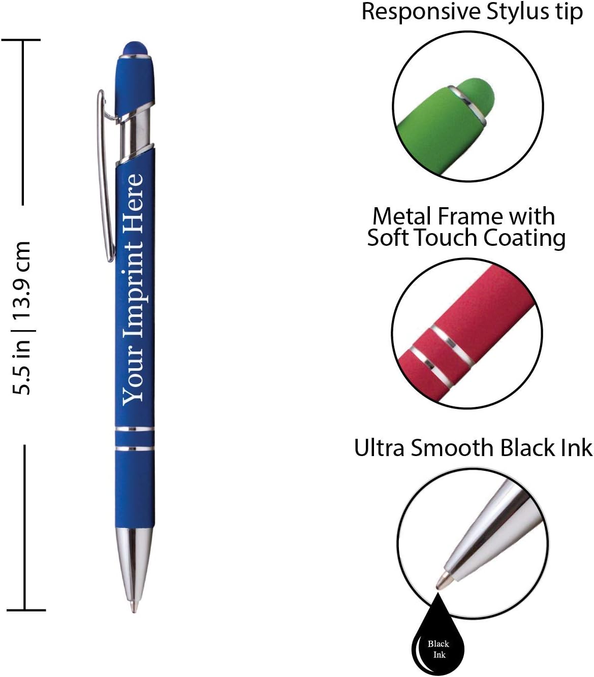ExpressDesigns™ - Premium Custom Pens with Stylus | Burst of Color | Personalized Soft Touch Metal Printed Name Pens w/Black Ink - Imprinted w/Logo or Message - 12 pcs/pack (Assorted)
