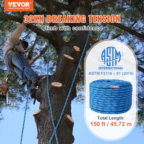 VEVOR 12.7mm Static Climbing Rope, 45.7M(150ft) Outdoor Rock Climbing Rope 30KN Breaking Tension, Fiber Rope for Escape, R...