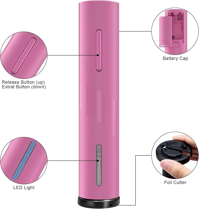 COKUNST Electric Wine Opener, One-Touch Automatic, Battery Powered, Pink