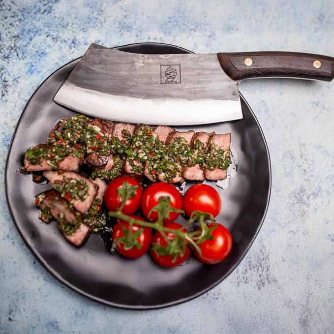 COOLINA Knife Set – Promaja Hand-Forged Butcher Knife & Chef Knife Bundle – Full Tang Carbon Steel Cleaver and Cooking Knife with Wooden Handles – Professional Kitchen & BBQ Knives