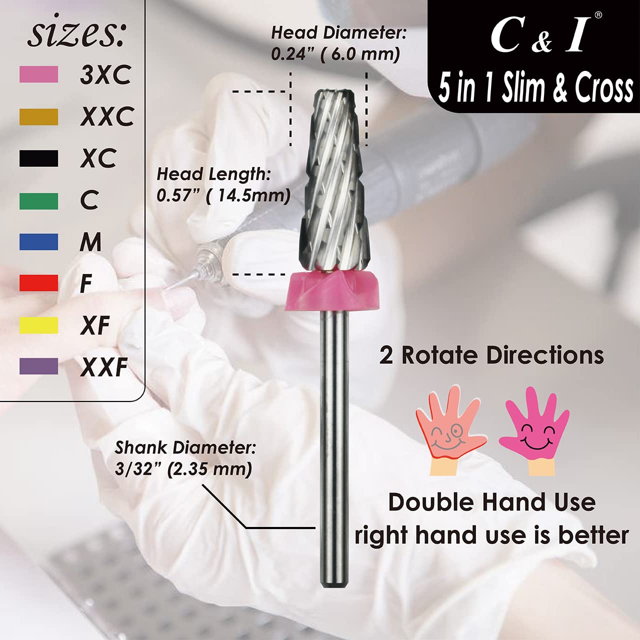 C & I 5 in 1 Nail Drill Bit, Cross & Slim Edition, Professional Nail Drills for Electric Manicure Drill Machine (Double Coarse -