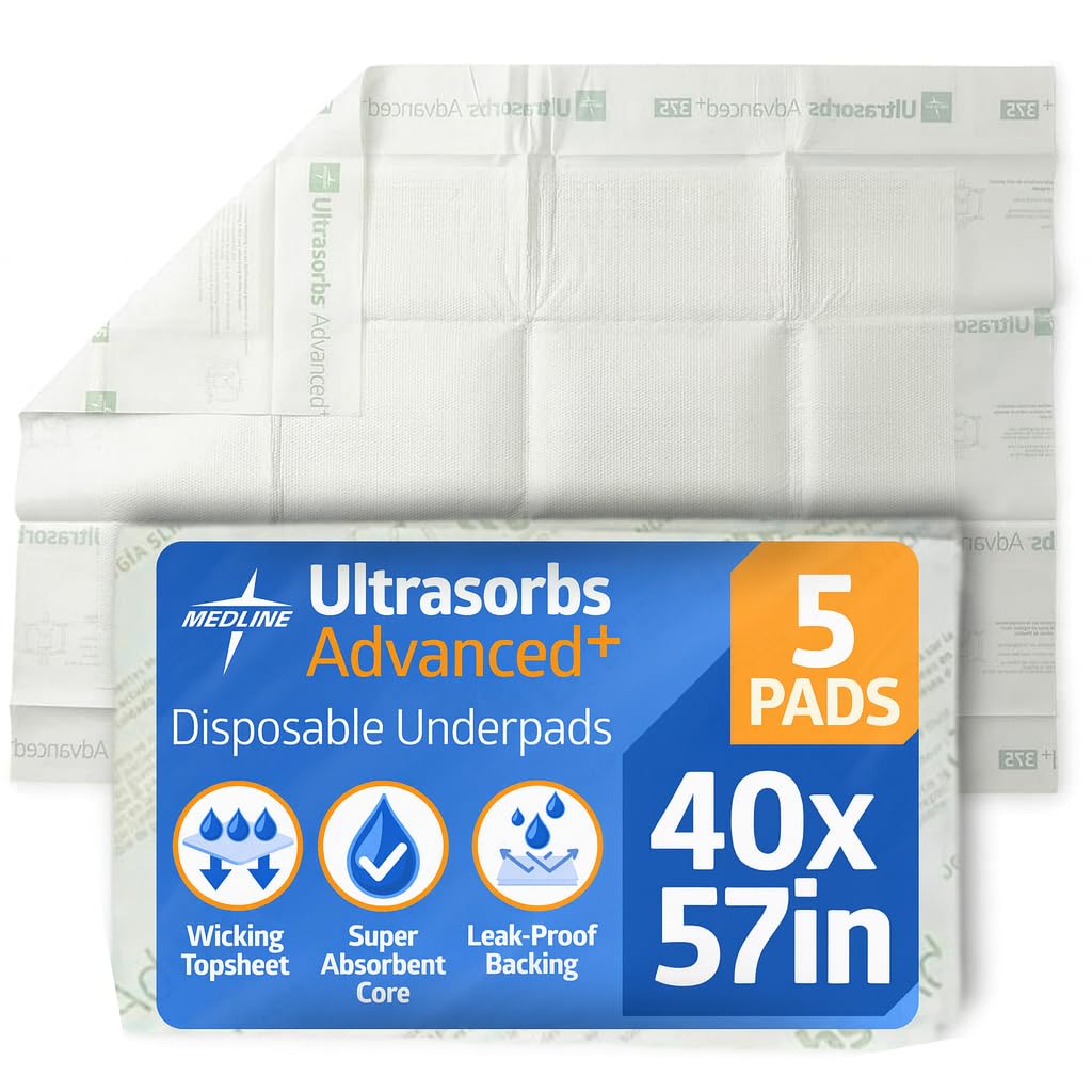Medline Ultrasorbs Advanced+ Premium Underpads with Polymer for Superior Leak Protection, High Weight Capacity of 400 lbs, Large Size 40x57 Inches - Pack of 5
