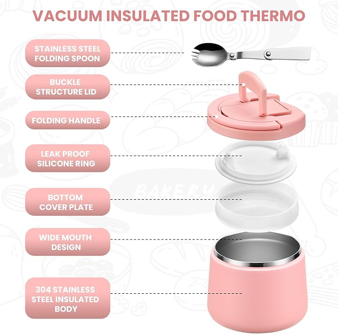 Kids Thermo for Hot Food, 14oz Insulated Soup Jar, Stainless Steel Lunch Box with Leakproof Lid & Spoon, Vacuum Insulated Bento Container (Dark Pink)