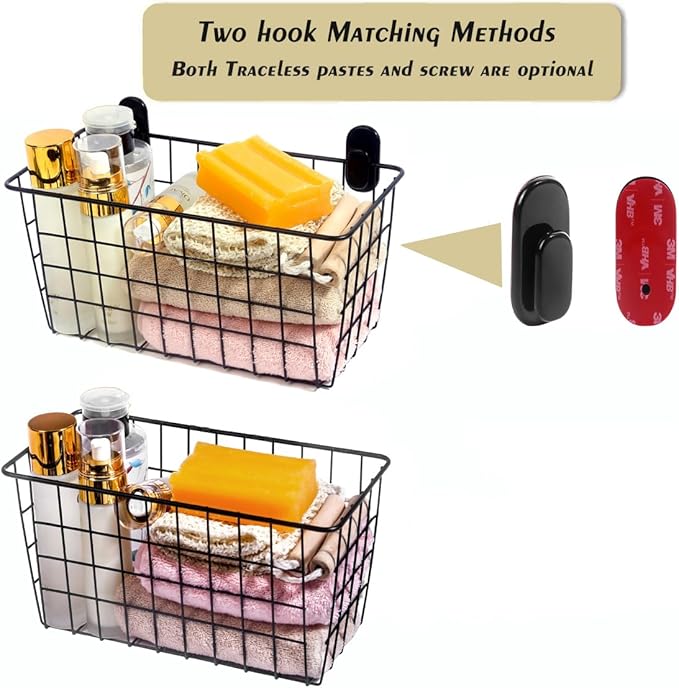 4 Pack【Extra Large】Hanging Kitchen Basket,Wire Storage Basket,with Traceless Tape and 3M High-Strength Plastic Hooks,no Drilling,for Cabinet Storage,Kitchen,Bathroom,Storage Room,large capacity