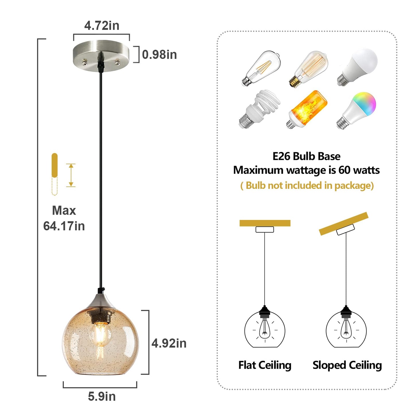 Lbsqj Light Brown Glass Pendant Lights Kitchen Island Globe Pendant Light Fixtures Modern Pendant Lighting For Bedroom Living Dining Room Light Fixture (5.9 In  2 Pack)