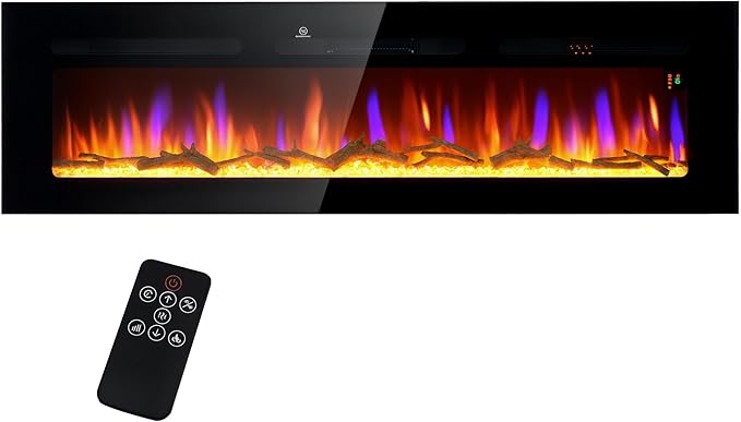 HOMCOM 60" Electric Fireplace Recessed and Wall Mounted with Remote Control, 1500W Fireplace Heater with 8H Timer, Adjustable Flame Color and Brightness, Log and Crystal