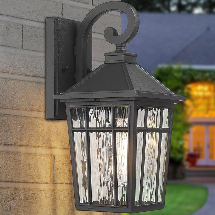 Darkaway Outdoor Wall Lights For House  Exterior Lighting Fixtures Wall Mount Outside Porch Lights Waterproof Black Outdoor Sconce Lights With Water Ripple Glass For Patio Garage Front Door