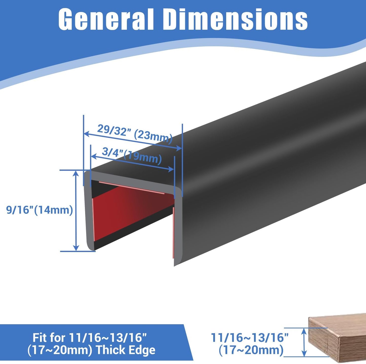 Rubber Edge Trim, Self-Adhesive U Channel Edge Protector for Plywood, Cabinet, 3/4" Wood Edge Banding, Flexible Furniture Repair, EPDM Material, Fit 3/4"(19mm), Length 20Ft, Black Color