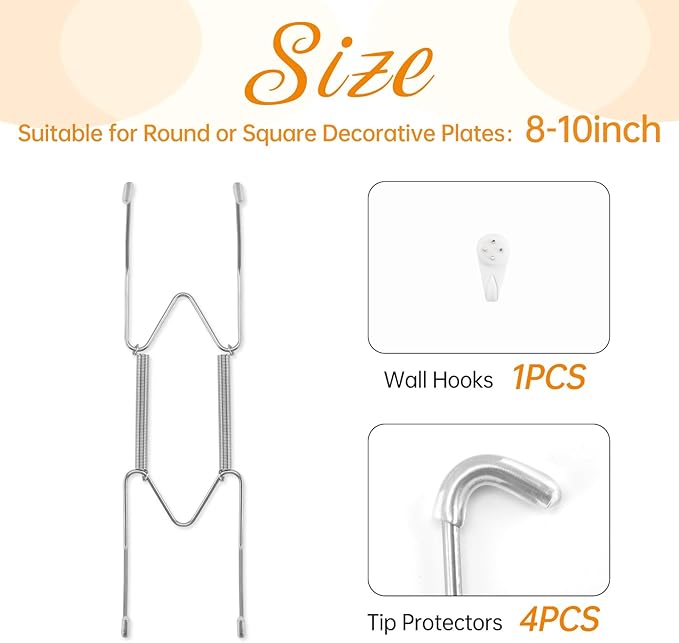Bilillo Plate Hangers for The Wall, Suitable for 8-10 inch Decorative Plate, Stainless Steel Invisible Heavy Duty Wire Plate Holder with Wall Hooks, Plate Hangers for Displaying Plates, Silver