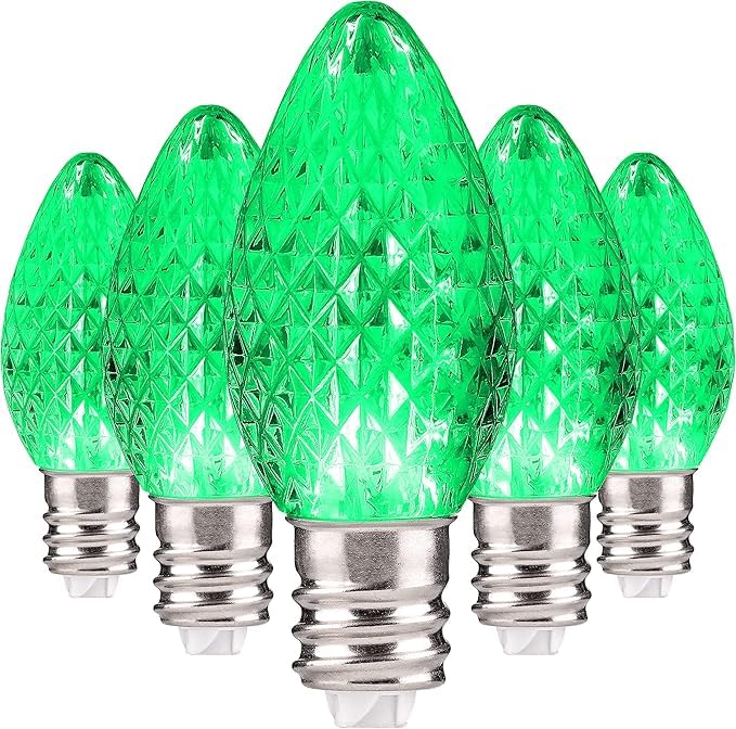 Holiday Lighting Outlet Faceted C7 Christmas Lights | Green Led Light Bulbs Holiday Decoration | Warm Christmas Decor For Indoor & Outdoor Use | 2 Smd Leds In Each Light Bulb | Set Of 25