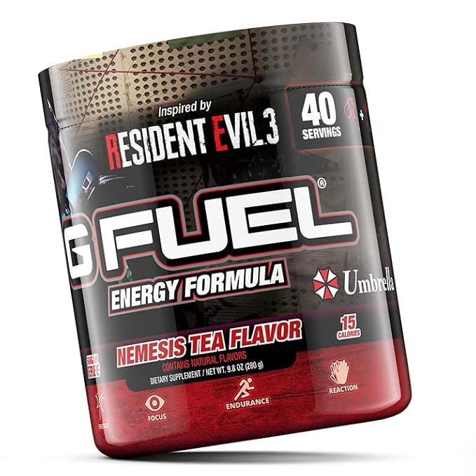 G Fuel Resident Evil 3, Nemisis Tea Energy Drink Powder, Pre Workout Caffeine Mix for Gaming, Sugar Free Focus Amino, Vitamin + Antioxidants, 9.9oz (Lemonade Iced Tea, 40 Servings)