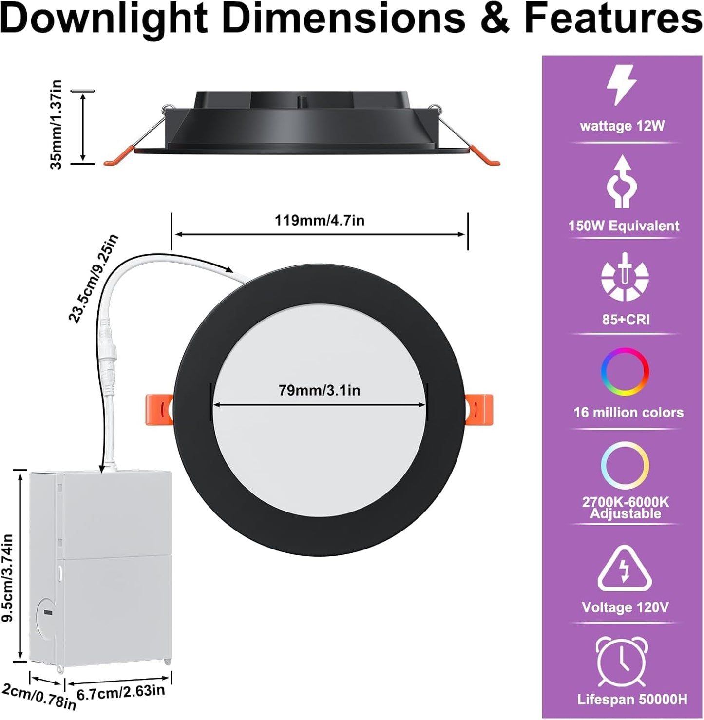 Smart Recessed Lighting 4 Inch Rgbcw Color Changing 12W Black Recessed Ceiling Light With Junction Box 1080Lm Canless Led Downlight Compatible With Alexa Dimmable By Bluetooth Control -12Pack