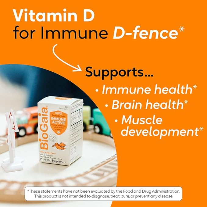 BioGaia Immune Active Kids | Probiotic + Vitamin D | for Digestive & Immune Health | Ages 3+ | Allergen, Dairy, Soy & Gluten Free | Trusted by Pediatricians | 30 Day Supply | Orange Flavored Chewable