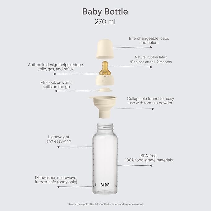 BIBS Baby Bottle 9 oz / 270 ml Silicone Nipple - Anti-Colic, BPA-Free, Round Nipple, Medium Flow, Lightweight & Easy to Clean, Suitable for Newborns 0+ Years - Baby Blue