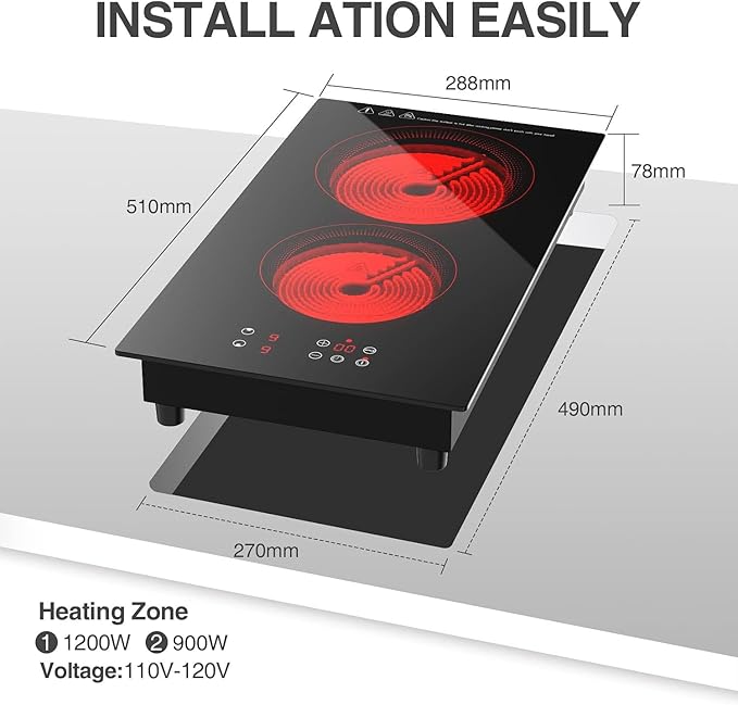 Electric Cooktop 2 Burners, 12 Inch Built-in Ceramic Stove Top with Timer, Child Lock, 110V Induction Cooktop for Kitchen, Apartment, RV, Dorm