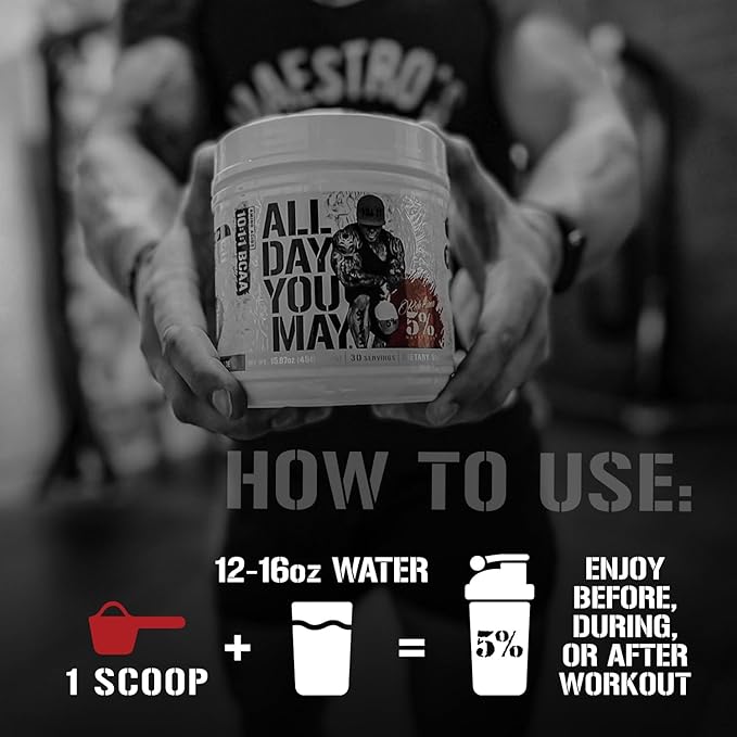 5% Nutrition Rich Piana AllDayYouMay BCAA Powder | Premium Intra & Post Workout Amino Acids, Hydration, Endurance, Muscle Recovery, Joint & Liver Support | 15.9 oz, 30 Servings (Blueberry Lemonade)