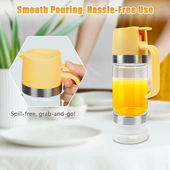 Honey Dispenser No Drip with Stand, 12 OZ Glass Honey Jar, Syrup Dispenser, Easy One Hand Use Honey Pot for Coffee or Tea, Mess Free Honey Dispenser for Syrup, Honey Container (2PCS Yellow)