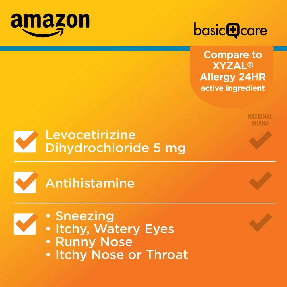 Amazon Basic Care 24 Hour Allergy Relief, Levocetirizine Dihydrochloride Tablets, 5 mg Antihistamine for Sneezing, Runny Nose, Itchy Nose or Throat and Itchy, Watery Eyes, 80 Count Pack