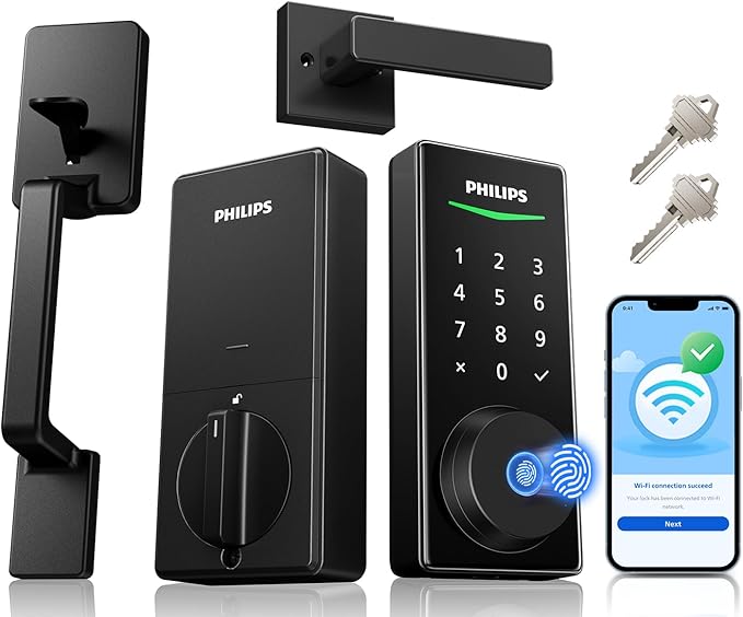 Philips WiFi Smart Lock with Front Door Handle Set, Built-in WiFi, APP Remote & Voice Control, Fingerprint Keyless Entry D...