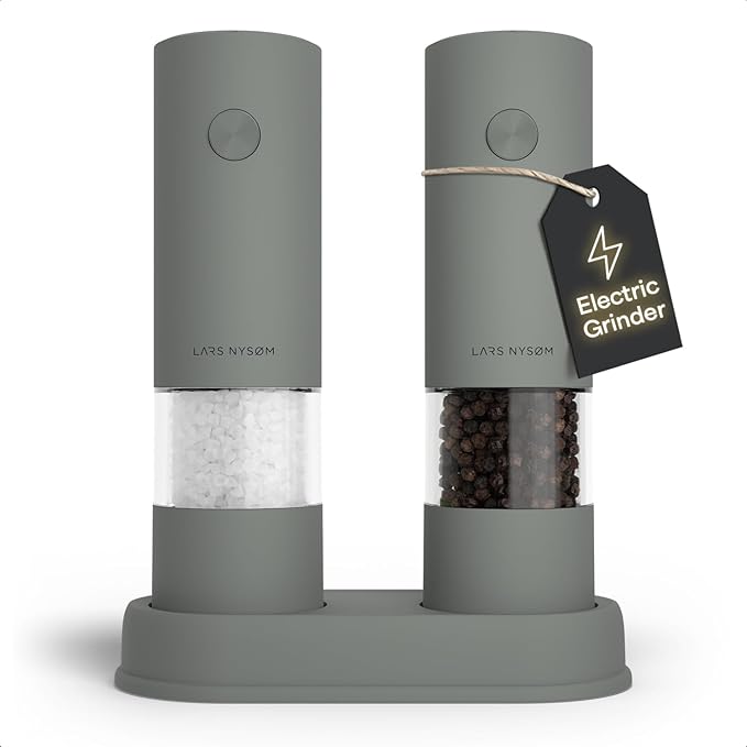 LARS NYSØM Electric Salt and Pepper Grinder Set I Automatic Salt and Pepper Mills with Adjustable Ceramic Grinder I AAA-Battery Operated Electric Spice Mill Set (Ash Gray)