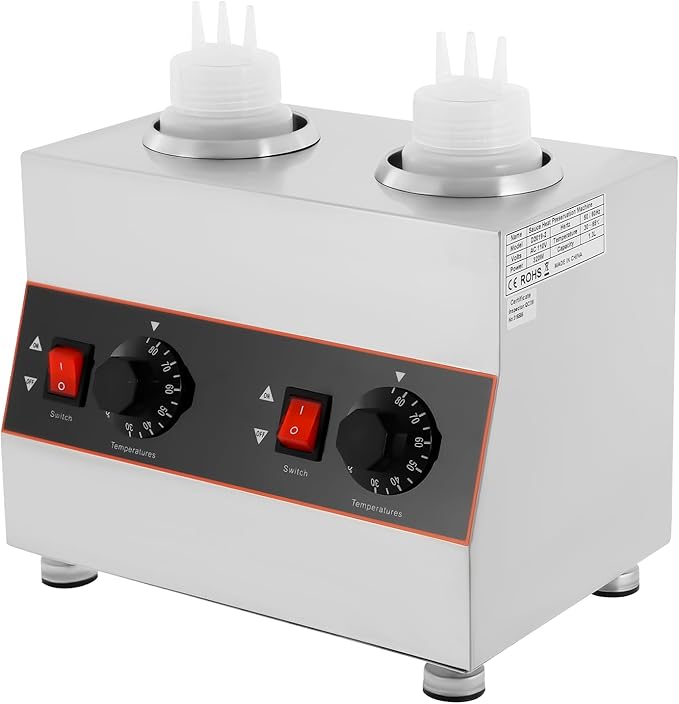 Electric Chocolate Sauce Warmer, 320W 110V Adjustable Temperature Toppings Bottle Hot Fudge Warmer with 2 Squeeze Bottle, 0.14Gal Single Bottle Hot Cheese Sauce Dispenser Jam Heat Preservation Machine