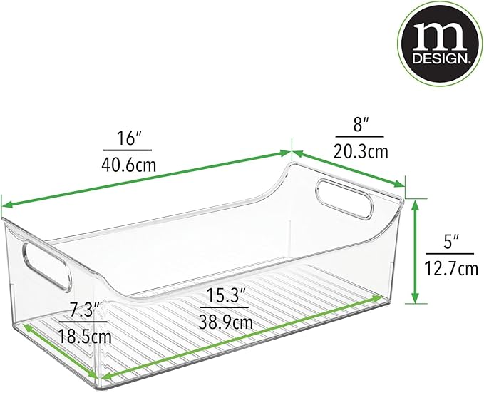 mDesign Slim Plastic Kitchen Pantry Cabinet, Fridge or Freezer Storage Bin with Handles - Organizer Containers for Fruit, Yogurt, Snacks, Pasta - 16" Long - Ligne Collection - 4 Pack - Clear