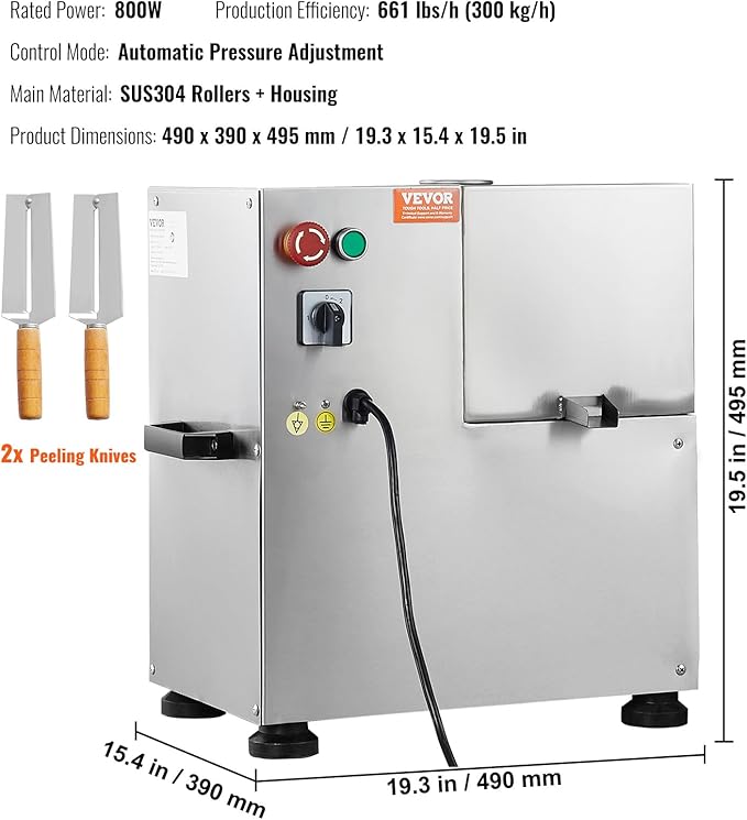 VEVOR Electric Sugar Cane Juicer, 800W Sugarcane Juicer Machine with 661LBS/H High Output, 4 Stainless Steel Roller, Auto Roller Pressure Adjustment Sugarcane Juice Press Extractor for Home/Commercial