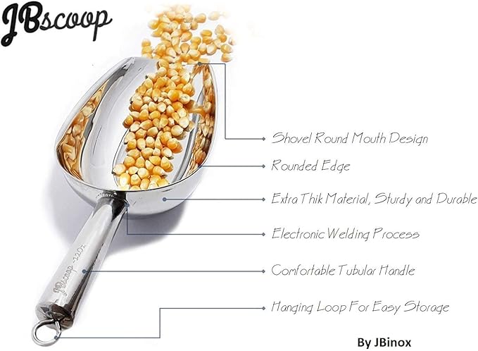 JBscoop Stainless Steel large Ice Scoop 11.3 inch, Feed Candy Popcorn Sugar Utility Scoop Easy Storage, Heavy Duty - 18 Oz