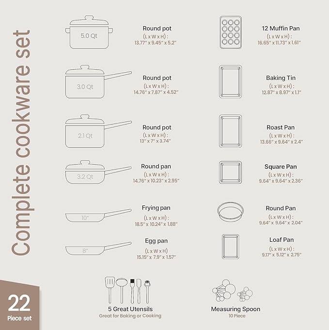 Pots and Pans Set, 22-Piece Non Stick Cookware & Bakeware Sets with Plaid Pattern, Stackable Design, Dishwasher Safe, Stain-resistant, Oven & All-Stove Safe, Tempered Glass Lid, Golden