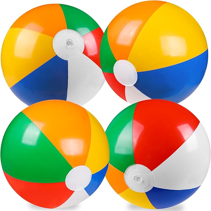 Vellibring 4 Pack 20" Summer Inflatable Big Beach Balls Rainbow Swimming Pool Water Games Toys for Kids Summer Party Suppl...