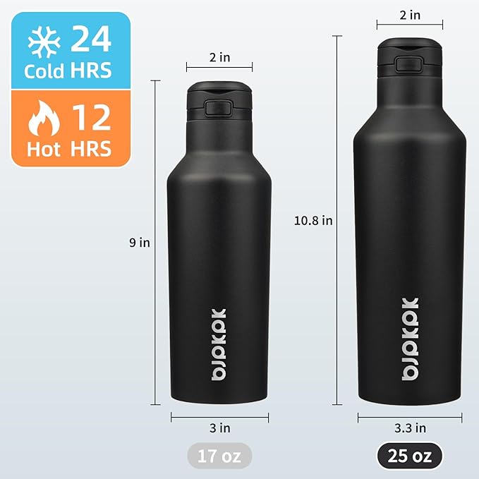 BJPKPK Insulated Water Bottle With Straw 25oz Stainless Steel Water Bottles With 2 Lids And Carry Handle Reusable Travel Metal Thermal Flask,Black