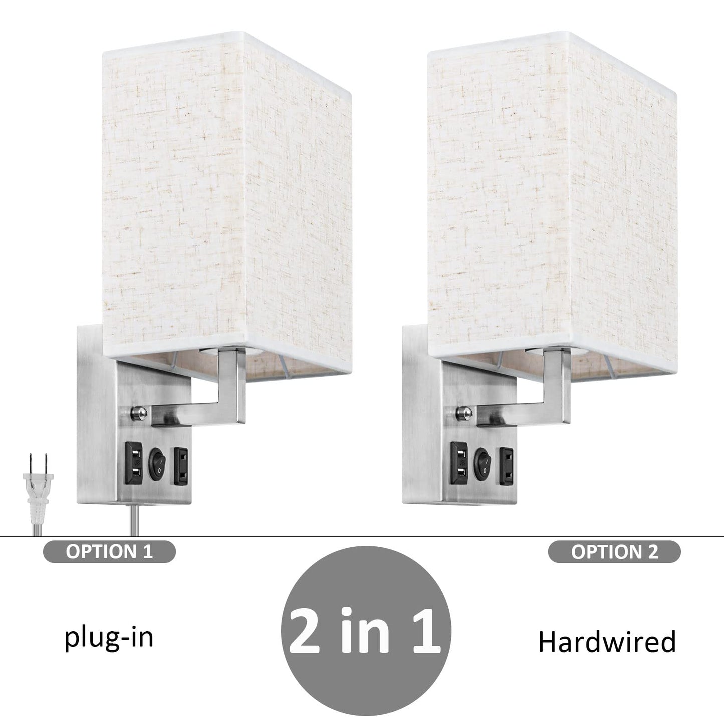 Caduke Wall Lamp Set Of 2, Plug-In With Usb Ports, Brushed Nickel, E26 Led Bulb Included, Modern Sconces For Bedroom & Living Room