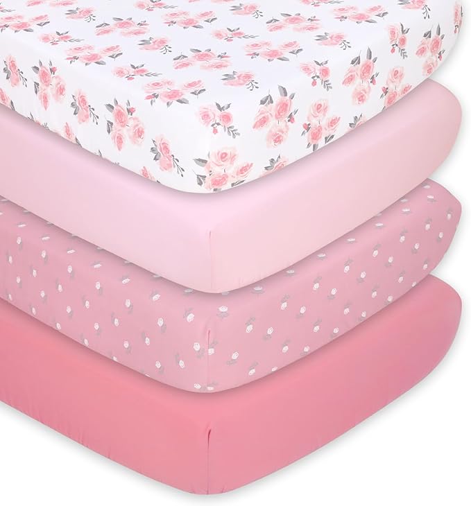 The Peanutshell 4-Pack Fitted Crib Sheet Set - Super Soft & Breathable Baby Girl Crib Sheets, Nursery Decor, Fit for Standard Mattress Cover- Floral