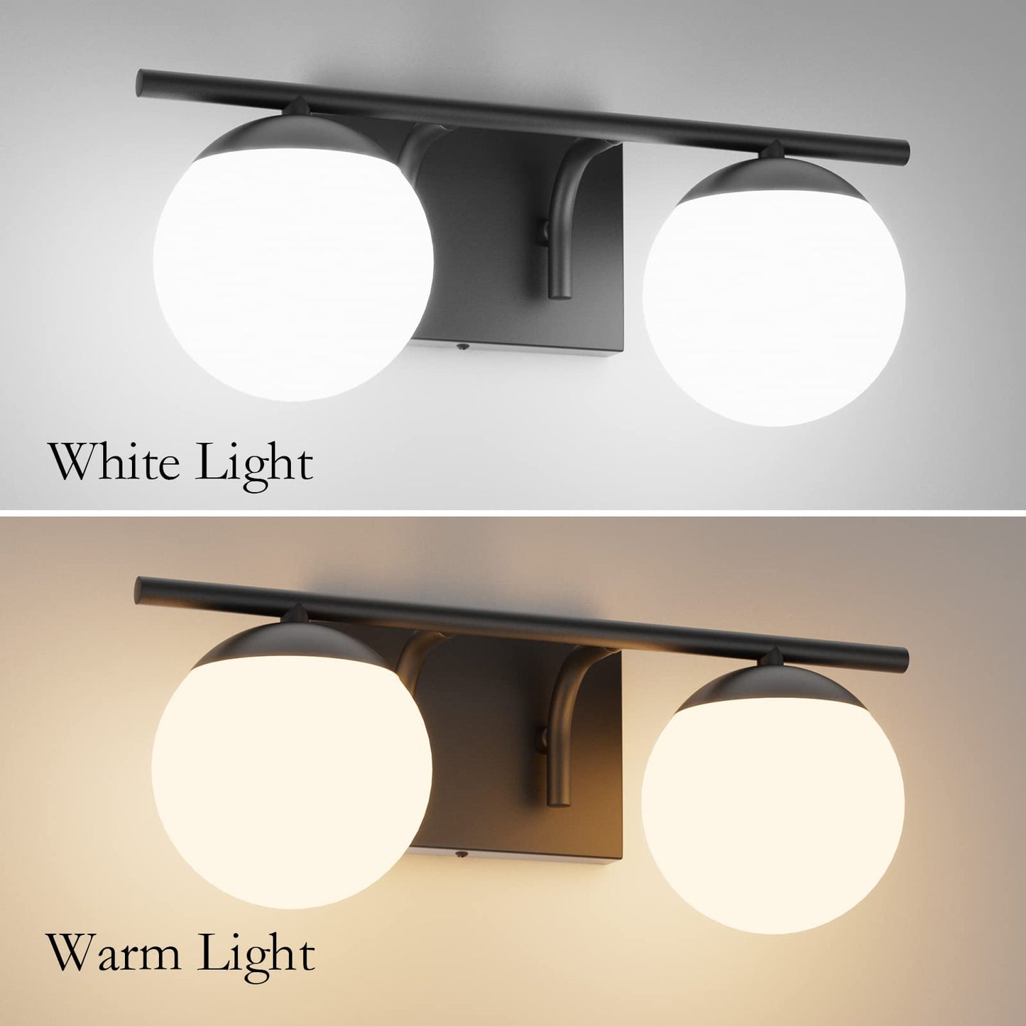 Ralbay 2-Light Bathroom Vanity Light Fixture - Black Mid Century Modern With Matte Black Milky Glass Globe, Model 1167